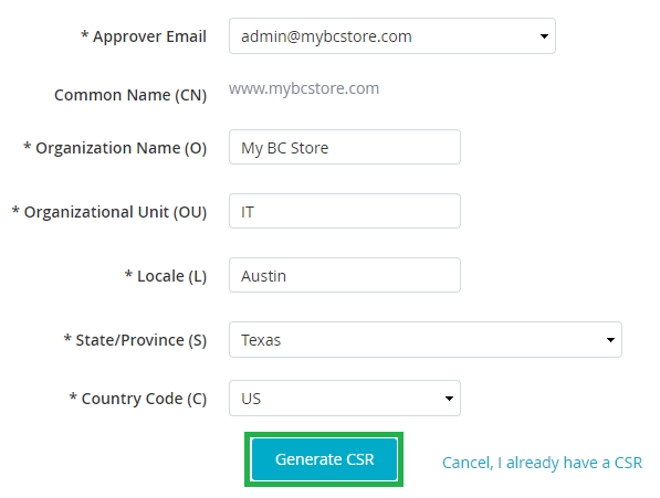 generate csr details on bigcommerce