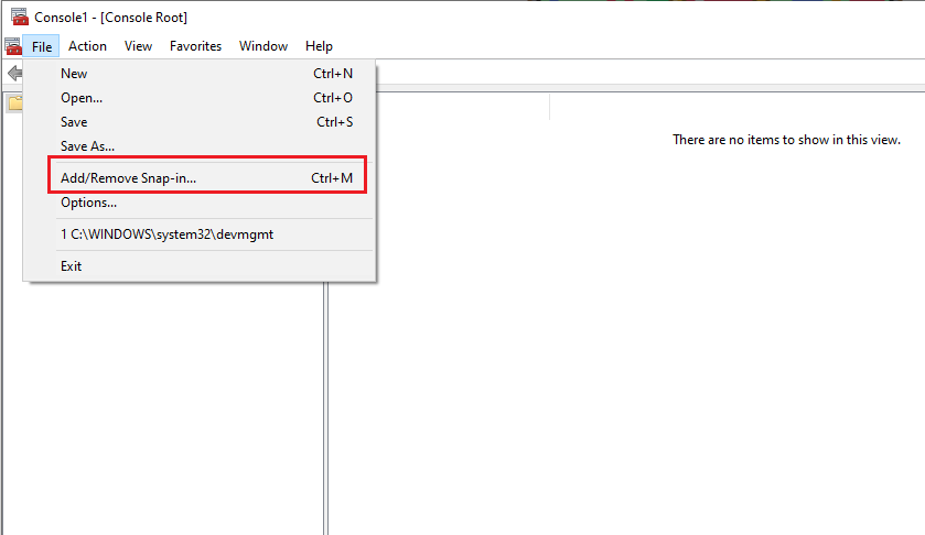 select add remove option in microsoft management console